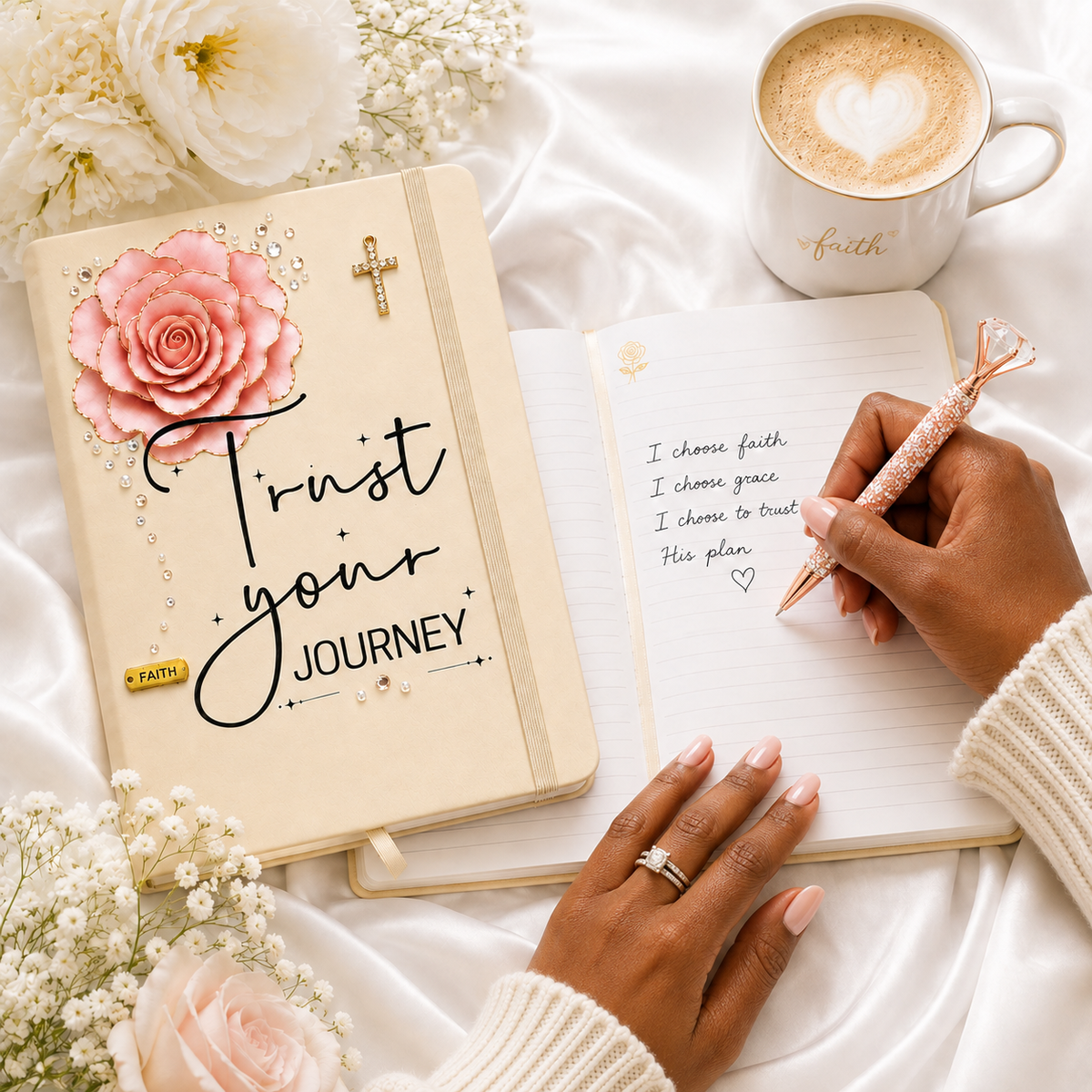Trust Your Journey Christian journal with blush rose, gold cross, rhinestone accents, and FAITH charm