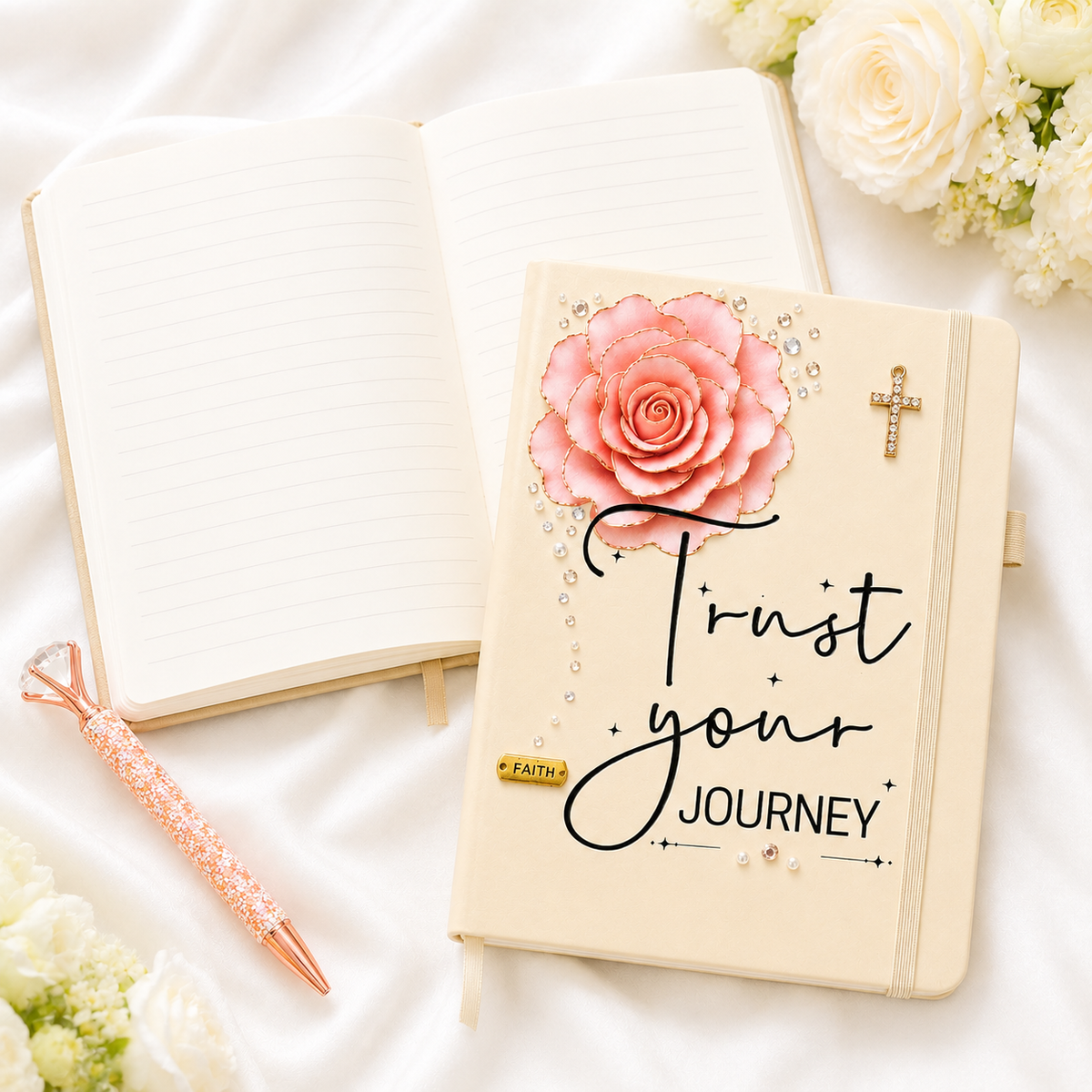 Trust Your Journey journal with cream cover, pink fabric rose, rhinestone cross, crystals, and Faith charm
