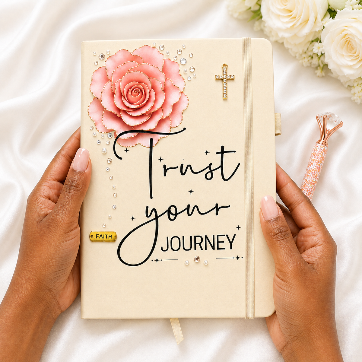 Trust Your Journey journal with cream cover, pink rose, rhinestone cross, crystal accents, and FAITH charm