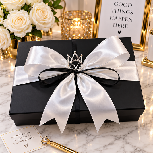 Wrapped in Purpose black luxury journal gift box with white satin bow, crown charm, and gold pen