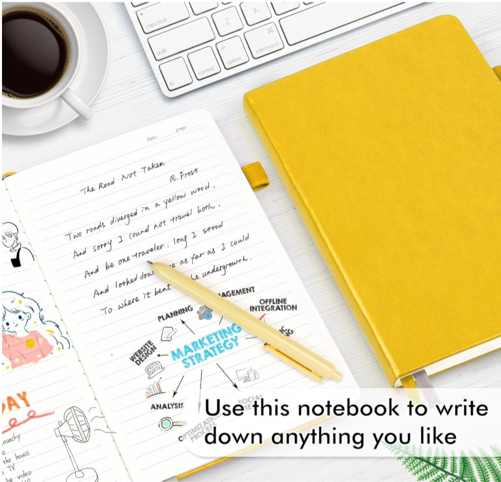 yellow classic ruled A5 notebooks with elastic closure, pen holder, and 128 lined pages, perfect for journaling or business notes."